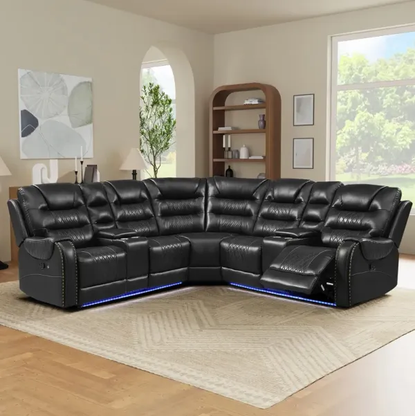 Manual Reclining Sectional Sofa Set, L Shaped Symmetrical Motion Sofa Corner Couch Sets With Storage Boxes, 4 Cup Holders And LED Light Strip For Living Room