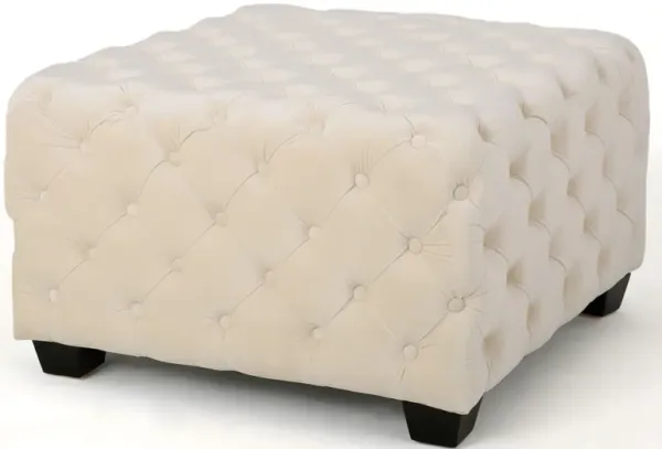 Modern Glam Ottoman With Velvet Upholstery And Button Tufted Design - Ivory