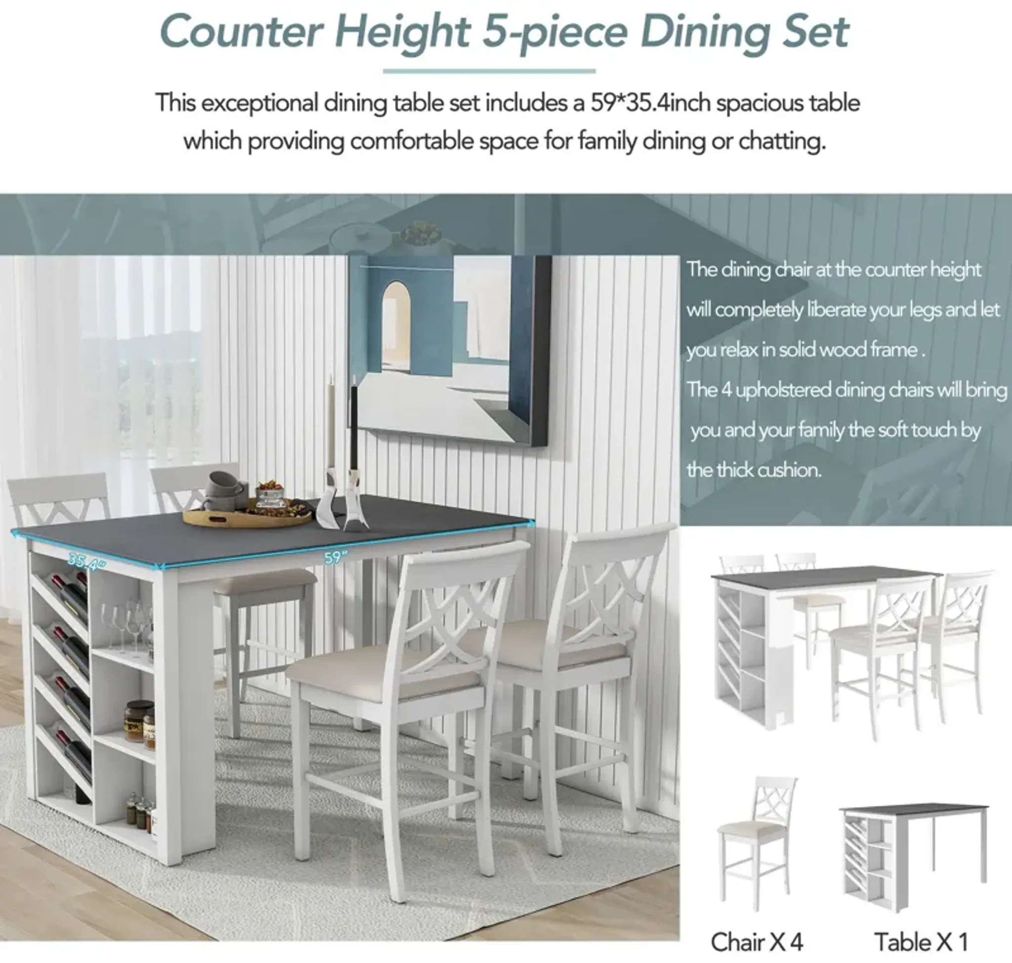 Topmax 5 Piece Updated Counter Height Solid Wood Dining Table Set Table ...