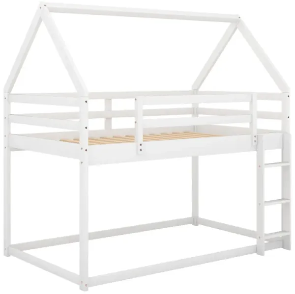 Twin Over Twin Low Bunk Bed, House Bed With Ladder - White