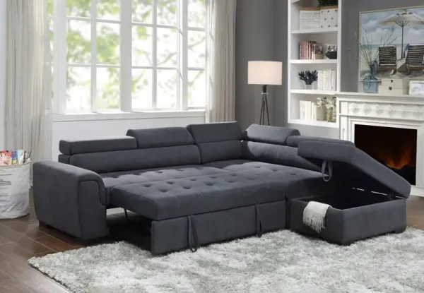 Haris - Sleeper Sofa Sectional With Adjustable Headrest And Storage Ottoman - Dark Gray
