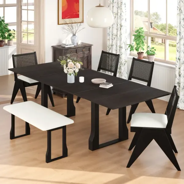 6 Piece Extendable Dining Table Set With 4 Wicker Back Upholstered Dining Chairs And Long Bench, 2 Removable Leaf