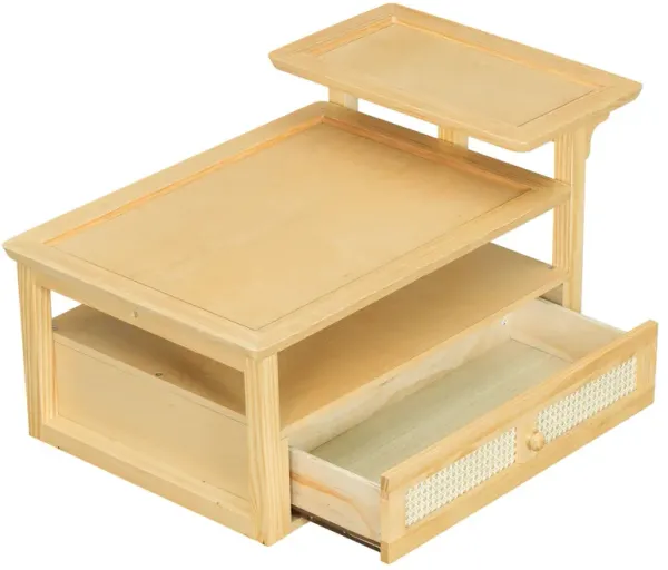 Coffee Table With 1 Storage Shelf, 2 Tabletops And 1 Rattan Drawer