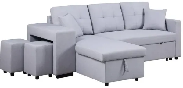 Dennis - Linen Fabric Reversible Sleeper Sectional With Storage Chaise And 2 Stools