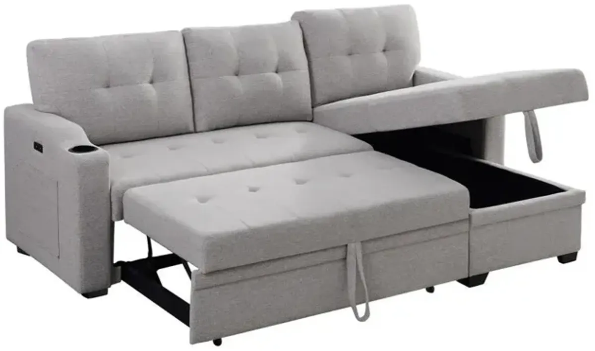 Mabel - Linen Fabric Sleeper Sectional With Cupholder, USB Charging Port And Pocket