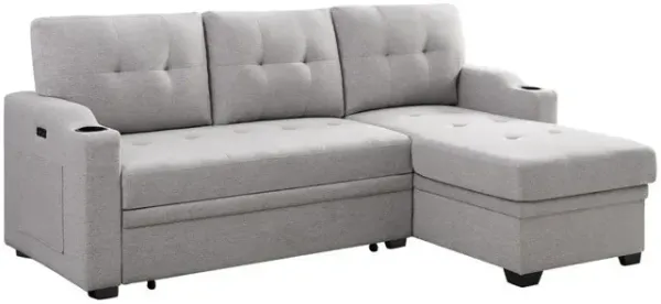 Mabel - Linen Fabric Sleeper Sectional With Cupholder, USB Charging Port And Pocket