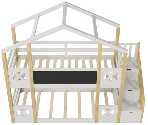 Twin Over Twin House Bunk Bed With White Storage Staircase And Blackboards - White
