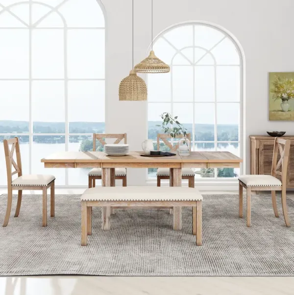Topmax - 6 Piece Farmhouse Extendable Dining Table With Footrest, 4 Upholstered Dining Chairs And Dining Bench, Two 11" Removable Leaf