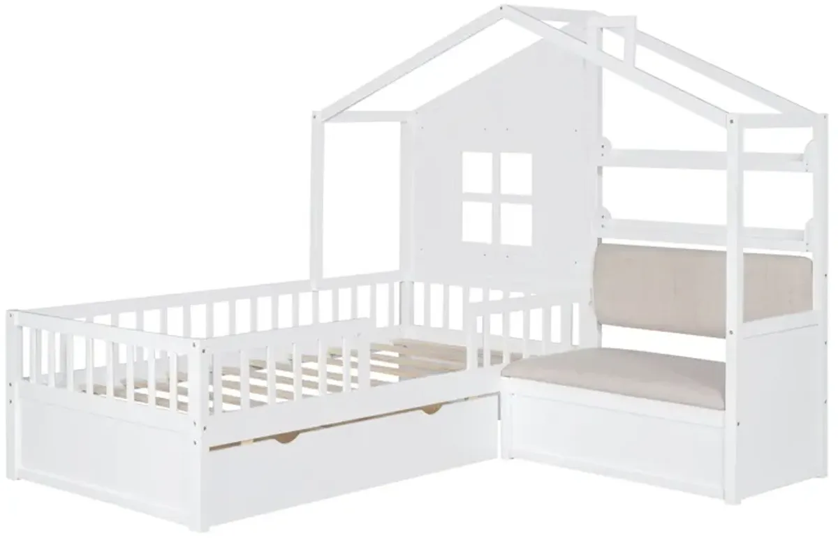 House Bed With Sofa, Kids Platform Bed With 2 Drawers And Storage Shelf