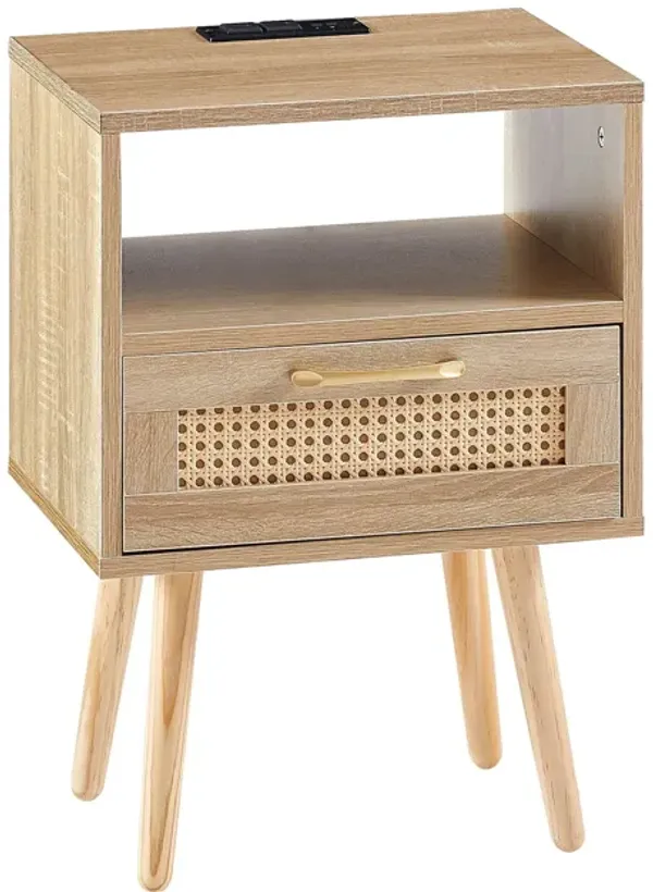 15.75" Rattan End Table With Power Outlet & USB Ports, Modern Nightstand With Drawer And Solid Wood Legs, Side Table For Living Room, Bedroom
