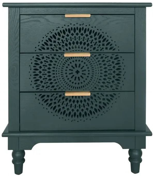 Hollow Carved 3 Drawer Dresser With Metal Handles, Storage Chest For Living Room Or Bedroom - Blackish Green