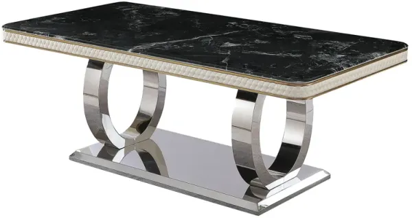 Luxury Modern Dining Table With Faux Marble Top And Dual Circle Base - Black