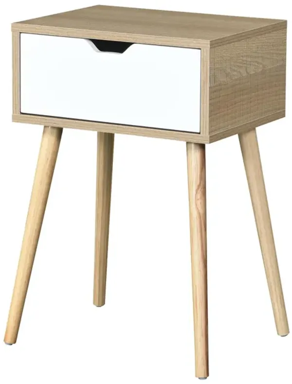 Side Table With 1 Drawer, Mid-Century Modern Storage Cabinet For Bedroom - White / Wood