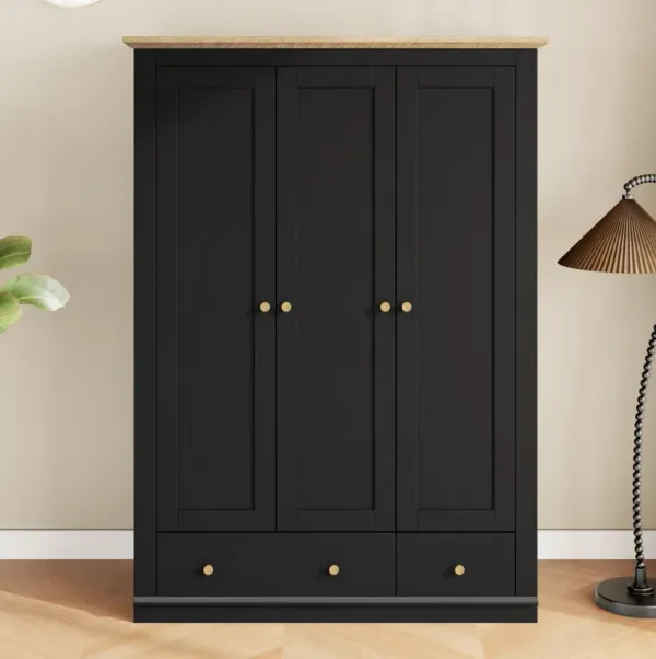 Modern 3 Doors Armoire Wardrobe Closet With 2 Drawers, Tall Wardrobe Cabinet With Hanging Rail And Shelve For Bedroom - Natural / Black