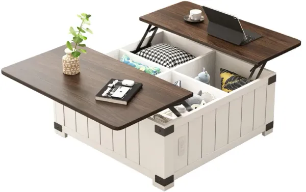 Farmhouse Style Lift Top Coffee Table With Storage And Charging Station - White Wood