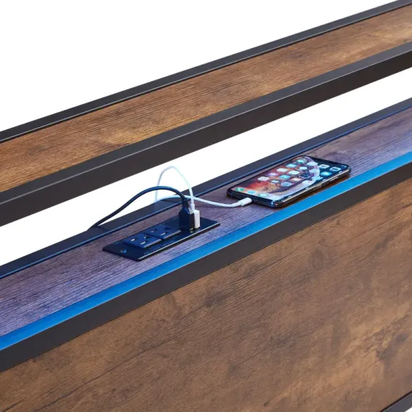 Modern Metal Platform Bed Frame With Wooden Headboard And Footboard, USB Charging Station, LED Lights, 2 Drawers