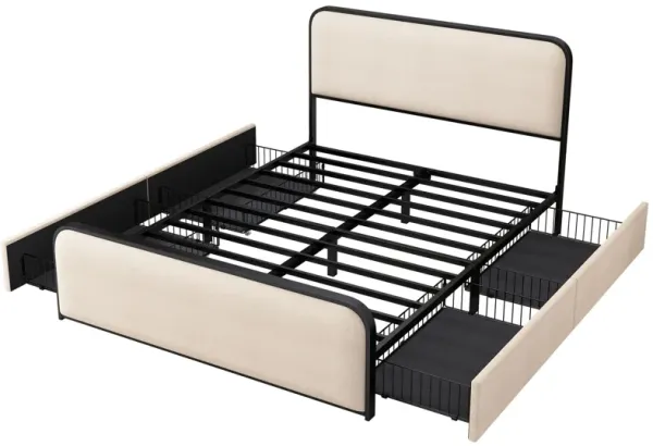 Modern Bed With Curved Upholstered Headboard And Footboard, Heavy Duty Metal Slats