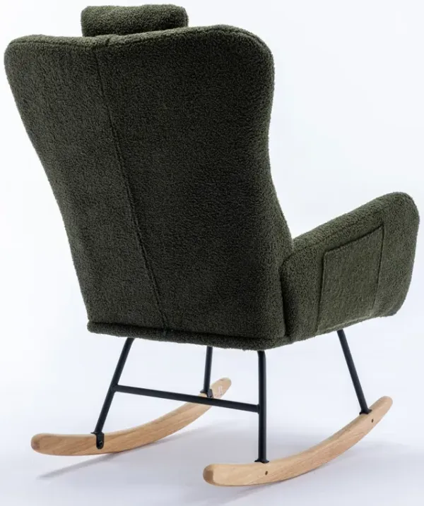 Rocking Chair With Pocket, Soft Teddy Fabric Rocking Chair For Nursery, Comfy Wingback Glider Rocker With Safe Solid Wood Base