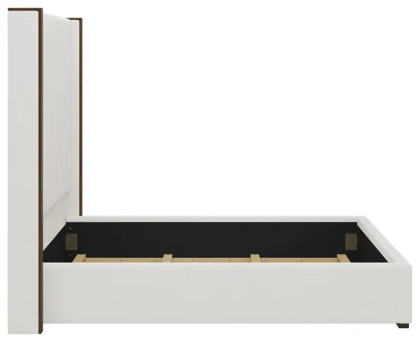 Tall Headboard Upholstered Bed With Vertical Striped And Wingback Design, Box Spring Needed