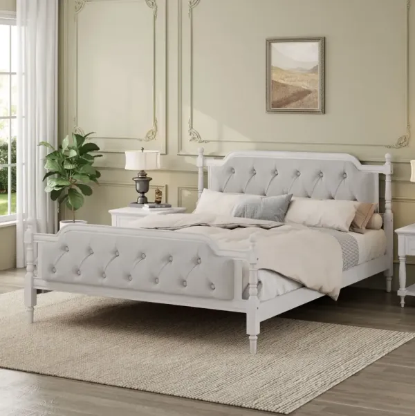 Traditional Style Solid Bed Frame With Upholstered Tufted Headboard, No Box Spring Needed