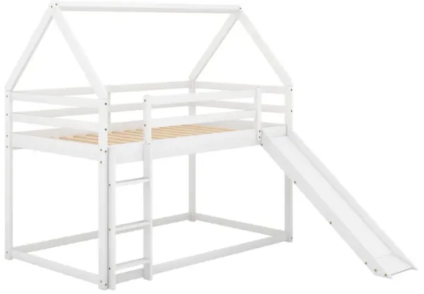 Twin Size Bunk House Bed With Slide And Ladder - White