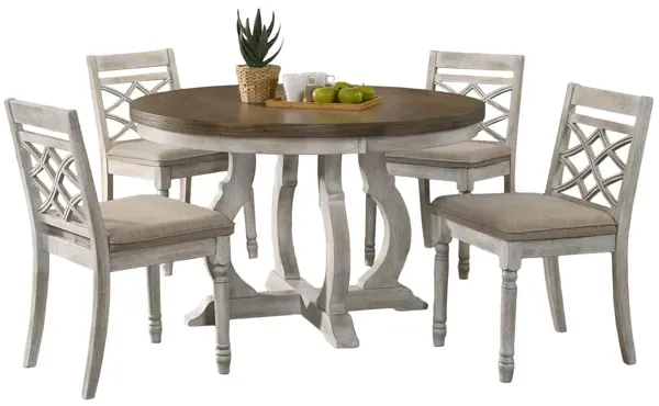 Havanna - 5 Piece Wide Round Dining Table With Off White Chairs (Set of 5) - Vintage Walnut
