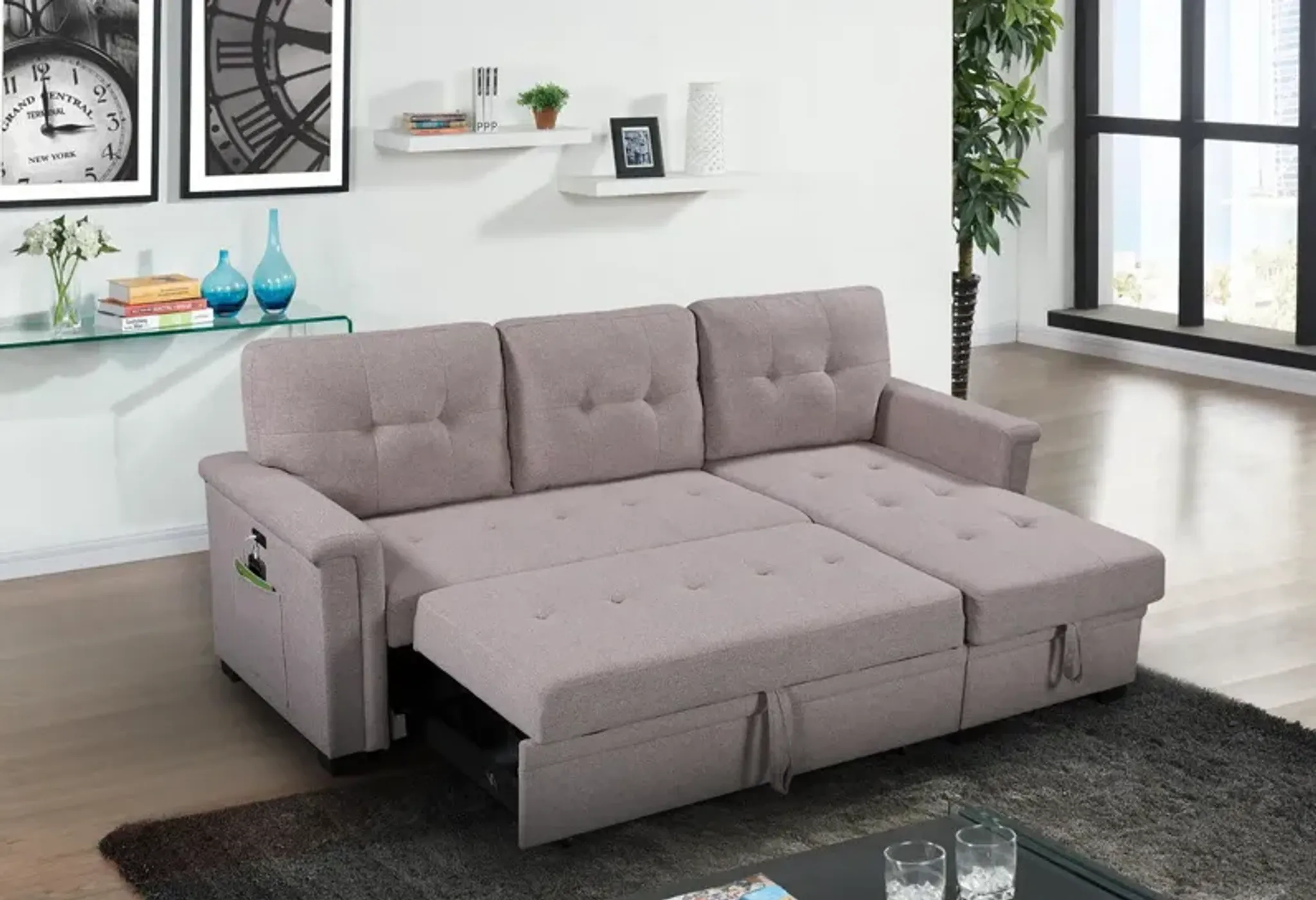 Ashlyn - Reversible Sleeper Sectional Sofa With Storage Chaise, USB ...