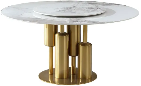 Round Sintered Stone Table, Modern Marble Dining Table (Table Only) - Gold / White