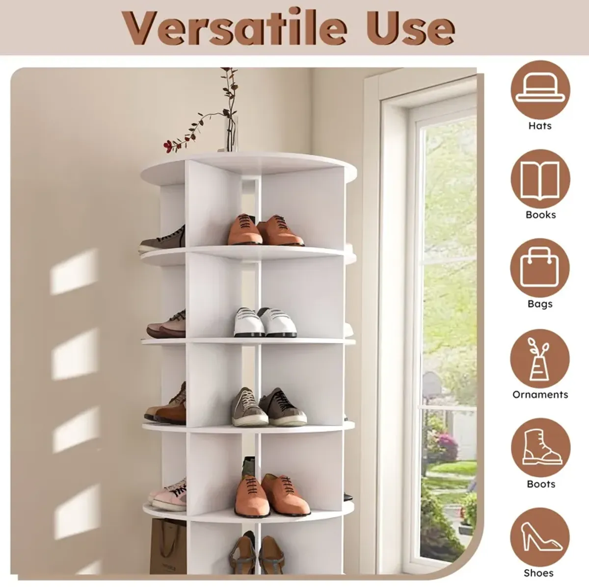 6 Tier Spinning Shoe Rack, Free Standing 360° Revolving Shoe Organizer - White