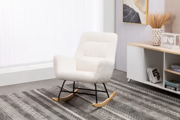 Rocking Chair Nursery, Teddy Upholstered Glider Rocker With High Backrest, Reading Chair Modern Rocking Accent Chairs Glider Recliner For Living Room - Cream