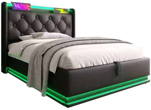 Upholstered Bed, 360 Surround LED Function, Remote Control, Hydraulic Storage Bed With USB, Type-C Charging (Without Mattress)