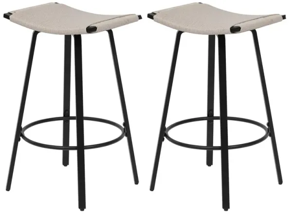 Counter Height Bar Stools Backless Handwoven Kitchen Dining Chairs With Round Footrest (Set of 2) Weaving Pub Stoo - Creamy White