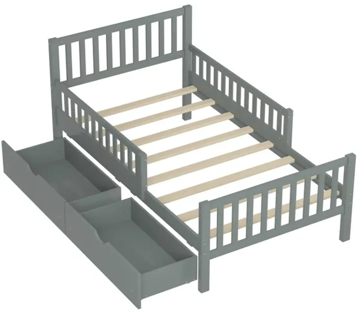Platform Bed With Guardrails On Both Sides And 2 Storage Drawers
