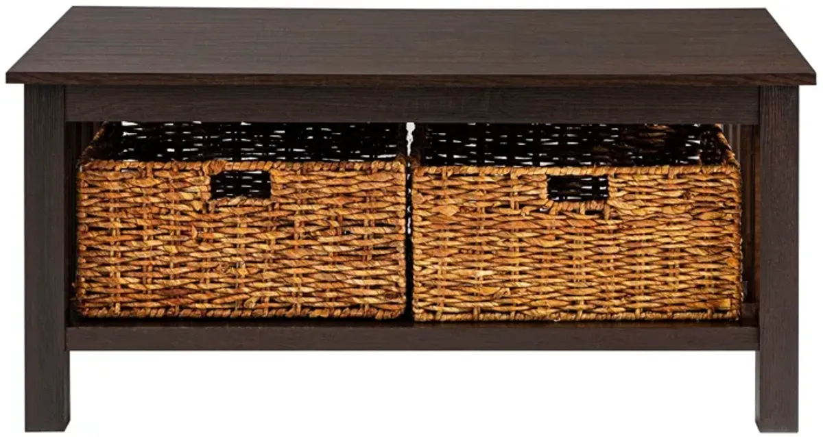 Coastal Coffee Table With Lower Shelf And Faux Rattan Baskets - Espresso