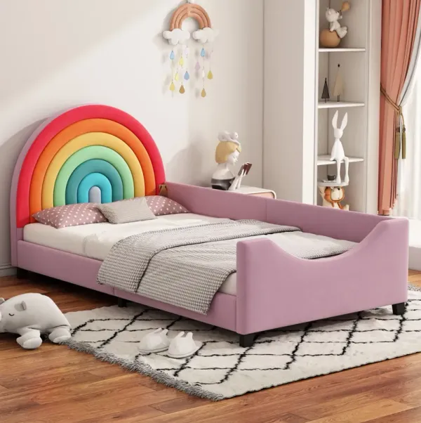 Rainbow Upholstered Twin Daybed Low To The Ground Design Cute Style Princess Bed - Colorful / Pink