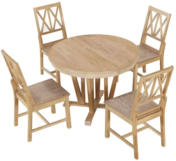 Topmax - 5 Piece Rustic Extendable Dining Table Set Round Trestle Table And 4 Cross Back Dining Chairs For Kitchen, Dining Room