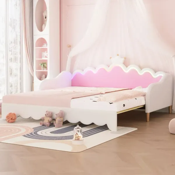 Extending Daybed With LED Lights, Modern Upholstered Princess Daybed With Crown Headboard