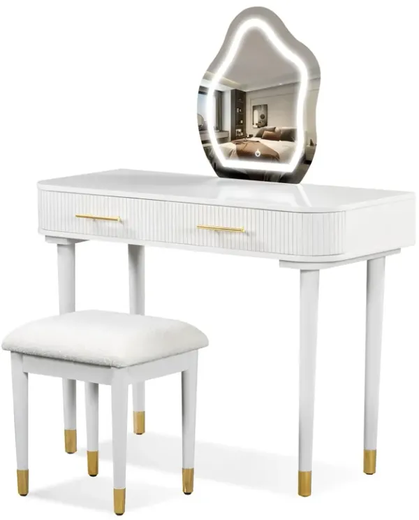 Modern Vanity Table Set With Mirror Touch Screen Lighted Mirror, Dressing Table And Cushioned Stool Set With 2 Large Drawers - White