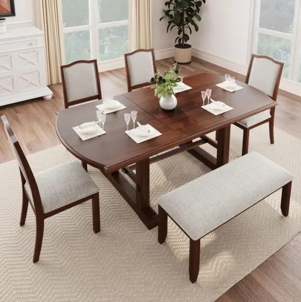 6 Piece Extendable Dining Table Set, Wood Table With Removable Leaf, 4 Upholstered Chairs And Bench - Cherry
