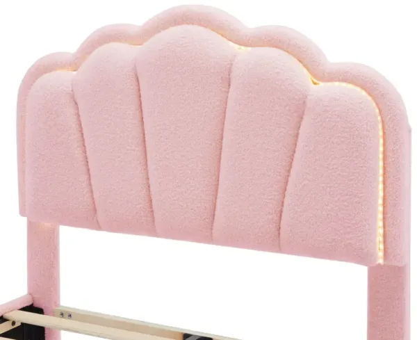 Upholstered Elegant Flowers Headboard With LED Light Strip, Platform Bed With Slats Support