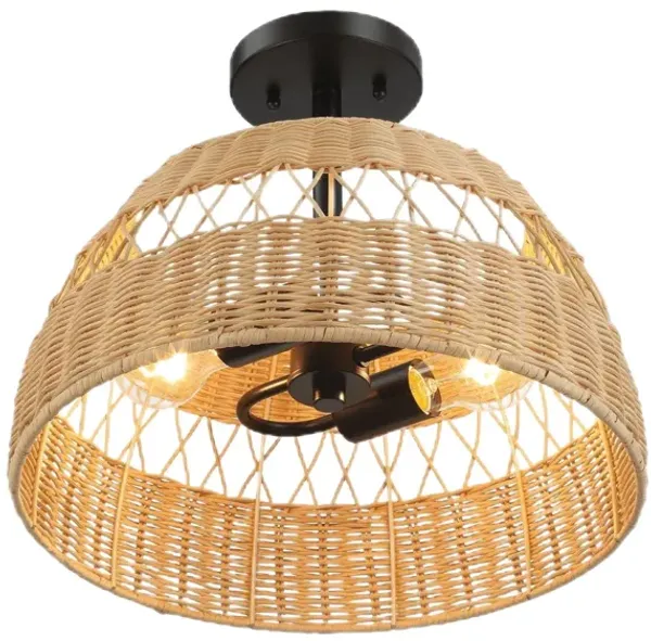 Twinkle - Double Lights Semi Flush With Shade - Black / Rattan