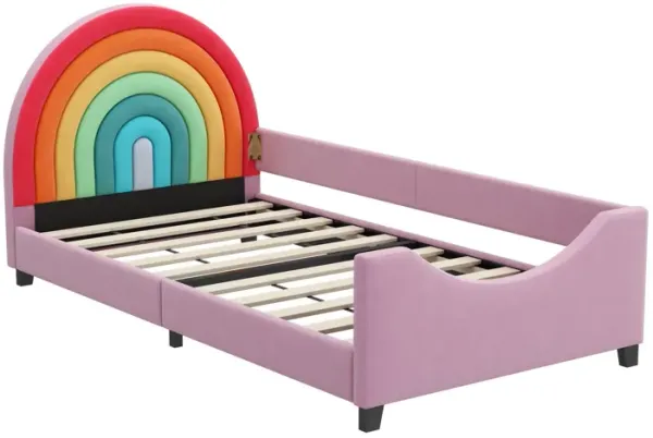 Rainbow Upholstered Twin Daybed Low To The Ground Design Cute Style Princess Bed - Colorful / Pink