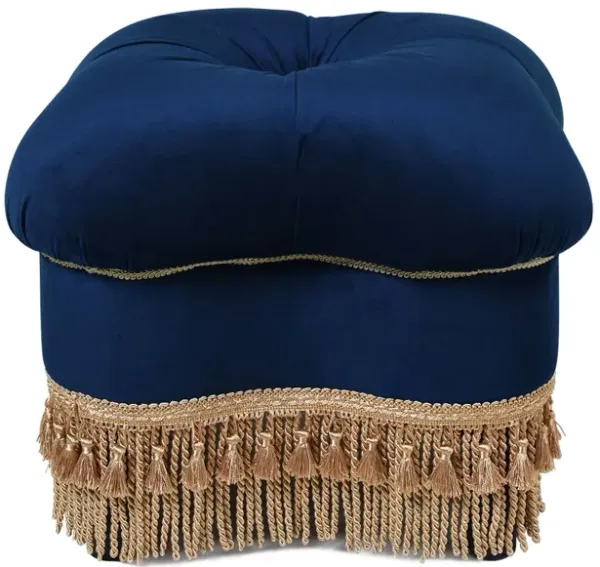 Ellen - Upholstered Clover Ottoman With Gold Bullion Fringe - Navy Blue