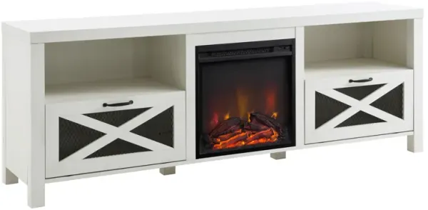 Industrial Farmhouse Metal Mesh Drop Down X Door Fireplace TV Stand