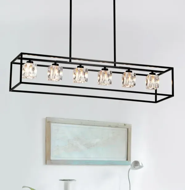 6 Light Farmhouse Chandelier, Modern Industrial Linear Rectangular Crystal Pendant Light Cage Chandelier For Dining Room, Kitchen Island, Bar, Long Table, G9*6 Bulbs Included - Matte Black