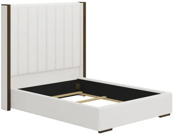 Tall Headboard Upholstered Bed With Vertical Striped And Wingback Design, Box Spring Needed