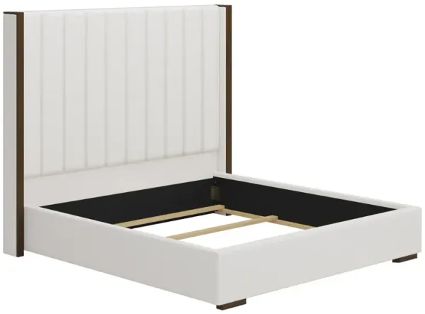 Tall Headboard Upholstered Bed With Vertical Striped And Wingback Design, Box Spring Needed