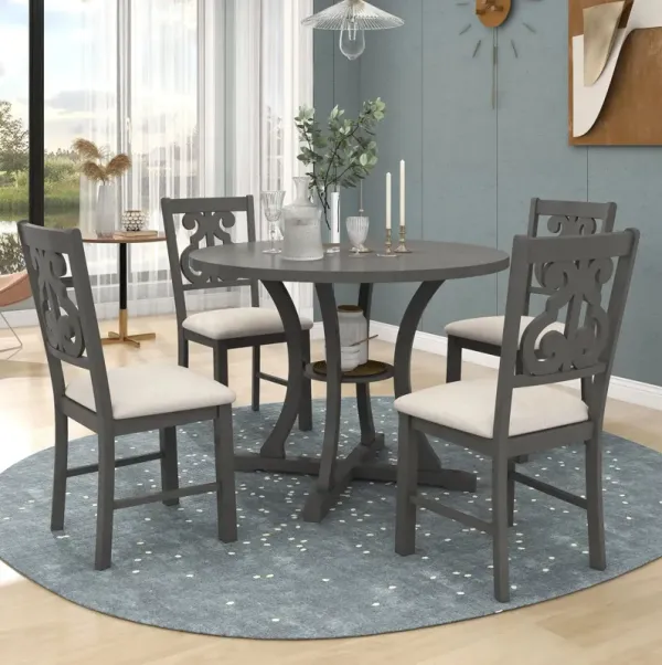 5 Piece Round Dining Table And Chair Set With Unique Legs And Hollow Chair Back