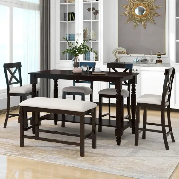 6 Piece Counter Height Dining Table Set With Shelf, 4 Chairs And Bench