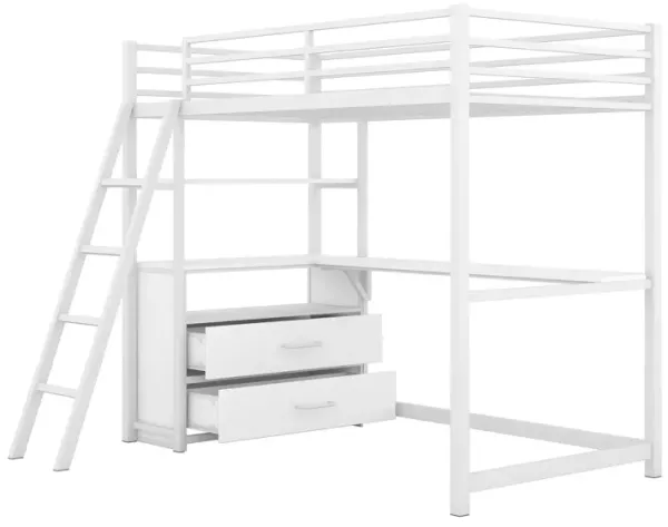Twin Size Metal & Wood Loft Bed With Desk And Shelves - White